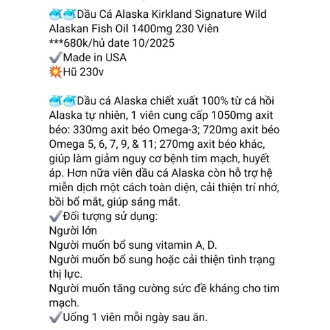 Dầu Cá Hồi Hoang Dã Kirkland Signature Wild Alaskan Fish Oil 1400 mg – Tinh Khiết & Đậm Đặc Từ Mỹ (230 Viên)