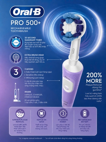 Bàn Chải Đánh Răng Điện Oral-B PRO 500+ Dòng Cao Cấp (Tặng Kèm 2 Đầu Bàn Chải)