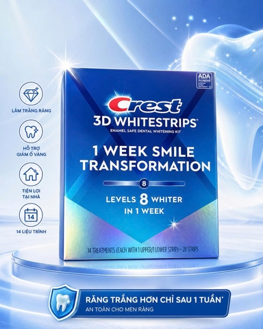 [LEVEL 8 - 14 LẦN DÁN] Miếng dán trắng răng Crest 3D Whitestrips 1-Week Smile Transformation - Bản Mỹ 28 miếng