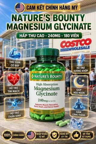 [HÀNG MỸ] Viên Uống Bổ Sung Magie Hấp Thu Cao Nature's Bounty Magnesium Glycinate 240mg (Lọ 180 Viên)
