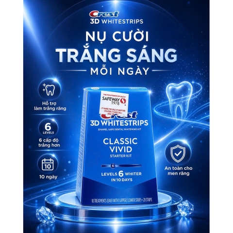 Crest 3D Whitestrips Classic Vivid - Hộp 10 Gói (20 Miếng Dán) Trắng Răng Cấp Độ 6