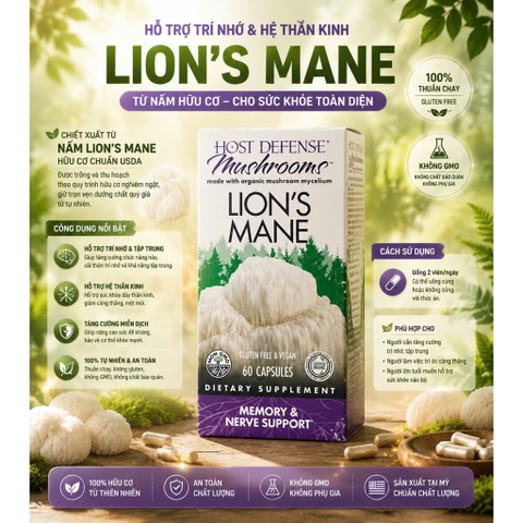 Viên Uống Nấm Đầu Khỉ Hữu Cơ Host Defense Lion's Mane Memory & Nerve Support (60 Viên)