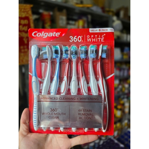 VỈ 8 CÂY BÀN CHẢI ĐÁNH RĂNG LÀM TRẮNG RĂNG COLGATE 360 OPTIC WHITE CỦA MỸ