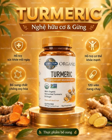 Kẹo Dẻo Nghệ & Gừng Hữu Cơ Garden of Life MyKind Organics Turmeric (120 Viên)
