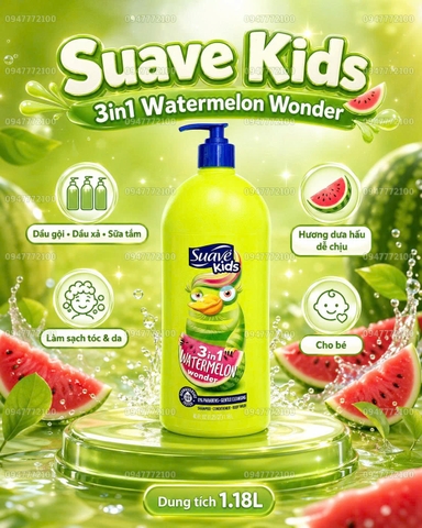 Sữa Tắm Gội Xả Suave Kids 3-in-1 Watermelon Wonder – Hương Dưa Hấu Thơm Mát (Chai Lớn 1.18L)