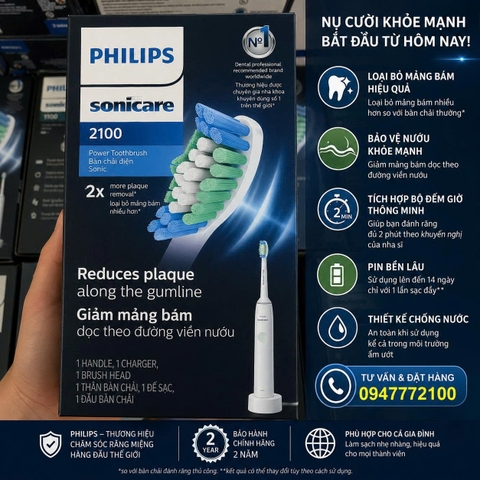 Bàn Chải Điện Philips Sonicare 2100 – Công Nghệ Sóng Âm Loại Bỏ Mảng Bám Gấp 3 Lần (Hàng Mỹ)