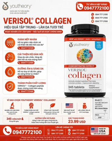 Youtheory Verisol Collagen – Bí Quyết Trẻ Hóa Làn Da, Mờ Nếp Nhăn Từ Mỹ (Hộp 345 Viên)