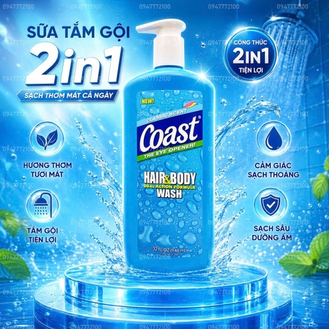 Sữa Tắm Gội cho Nam Coast Hair & Body 946ml có vòi và ko vòi của Mỹ