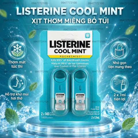 Xịt Thơm Miệng Listerine Cool Mint Pocketmist - Hơi Thở Thơm Mát Tức Thì, Tự Tin Giao Tiếp (Lốc 2 Chai)