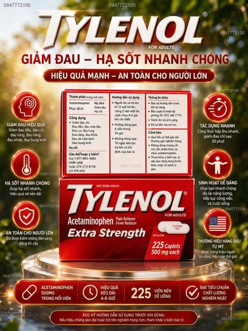 Viên Giảm Đau & Hạ Sốt Tylenol Extra Strength 500mg - Giải Pháp Tin Cậy Cho Gia Đình (225 Viên)
