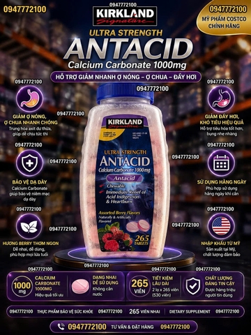 Viên Nhai Kirkland Signature Ultra Strength Antacid 1000mg - Cắt Cơn Đau Dạ Dày, Ợ Chua Tức Thì (265 Viên)