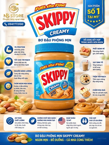 Bơ Đậu Phộng Mịn Skippy Creamy Peanut Butter - Thơm Ngon, Béo Ngậy, Năng Lượng Dồi Dào (1.36kg)