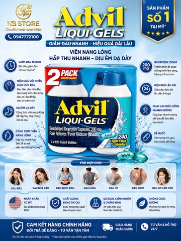 Viên Nang Lỏng Advil Liqui-Gels 200mg - Giảm Đau Nhanh Chóng, Hiệu Quả Dài Lâu (Hộp 240 Viên)