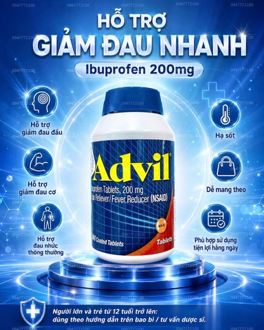 Viên Uống Giảm Đau & Hạ Sốt Advil Ibuprofen 200mg - Giải Pháp Cắt Cơn Đau Nhanh Chóng (300 Viên)