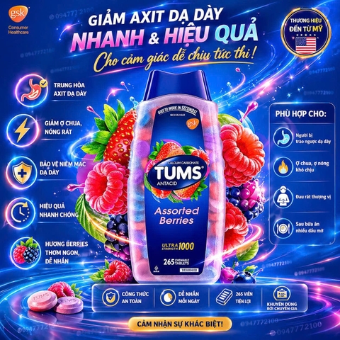Viên Nhai Dạ Dày TUMS Antacid Ultra Strength 1000 - Giải Pháp Cắt Cơn Ợ Nóng Tức Thì (265 Viên)