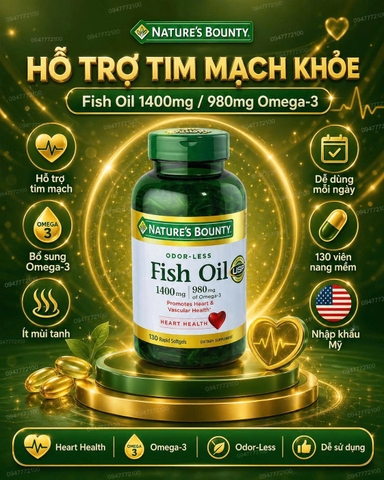 Dầu Cá Nature's Bounty Odor-Less Fish Oil 1400mg - Hàm Lượng Omega-3 Cực Cao, Không Mùi Tanh (130 Viên)