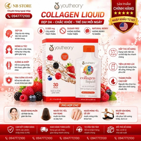 Collagen Nước Youtheory Collagen Liquid 5000mg - Đánh Thức Làn Da Căng Bóng, Rạng Rỡ (30 Gói)