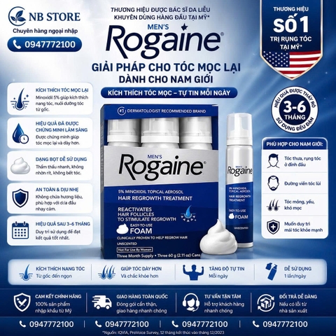 Men's Rogaine 5% Minoxidil Foam - Giải Pháp Mọc Tóc Chuyên Biệt Cho Nam Giới (Hộp 3 Chai)