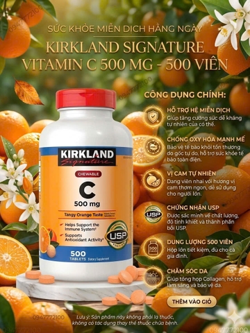 Kẹo Ngậm Vitamin C Kirkland Signature Chewable C 500mg – Hộp 500 Viên