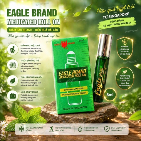 [CHÍNH HÃNG SINGAPORE] Dầu Gió Xanh Con Ó Dạng Lăn – Eagle Brand Medicated Roll On 8ml
