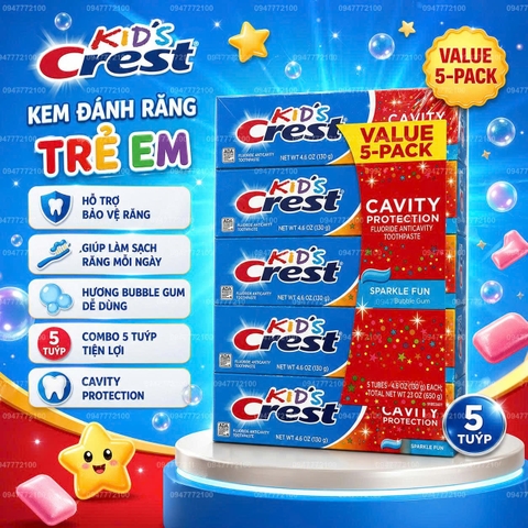 Bộ 5 Tuýp Kem Đánh Răng Trẻ Em Kid's Crest Cavity Protection Sparkle Fun