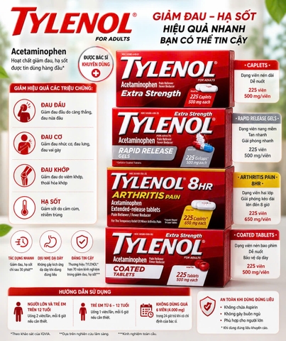 Viên Giảm Đau Khớp Tylenol 8HR Arthritis Pain 650mg - Hiệu Quả Kéo Dài Suốt 8 Giờ (225 Viên)