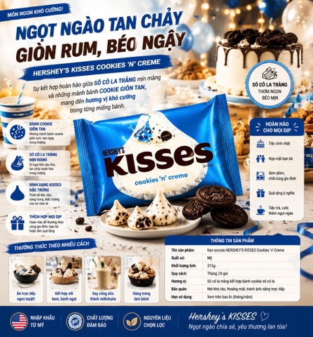 Kẹo Chocolate hershey's kisses 315g cookies 'n' creme màu xanh hàng Mỹ