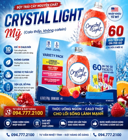 Bột Trái Cây Nguyên Chất Crystal Light Variety Pack Calo Thấp Không Cafein (Hộp 60 Gói Tiện Lợi)
