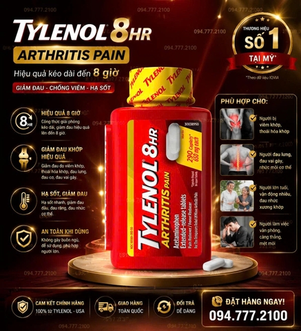 Viên Uống Giảm Đau & Hạ Sốt Kéo Dài Tylenol 8HR Arthritis Pain 650mg (Chai 290 Viên)