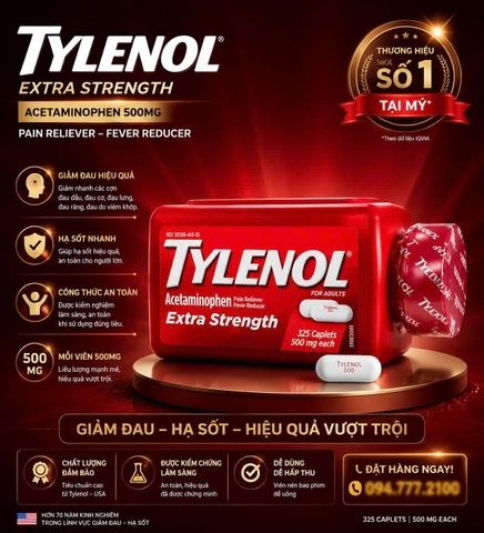 Viên Uống Giảm Đau & Hạ Sốt Nhanh Tylenol Extra Strength 500mg (Chai 325 Viên)