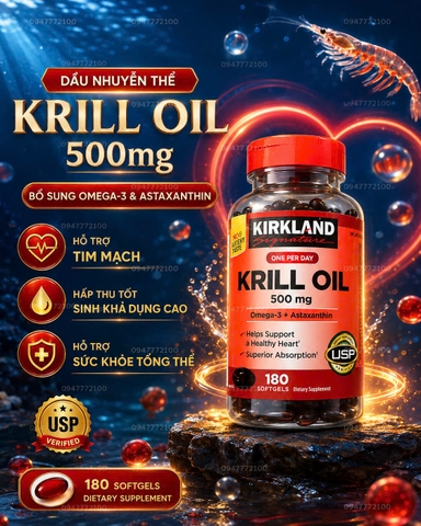 Dầu Nhuyễn Thể Kirkland Signature Krill Oil 500mg (Chai 180 Viên)