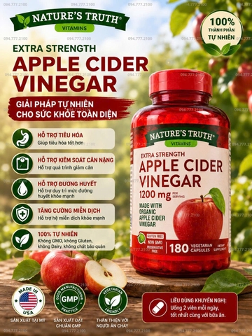 VIÊN GIẤM TÁO HỮU CƠ NATURE'S TRUTH EXTRA STRENGTH APPLE CIDER VINEGAR 1200MG 180 VIÊN CỦA MỸ