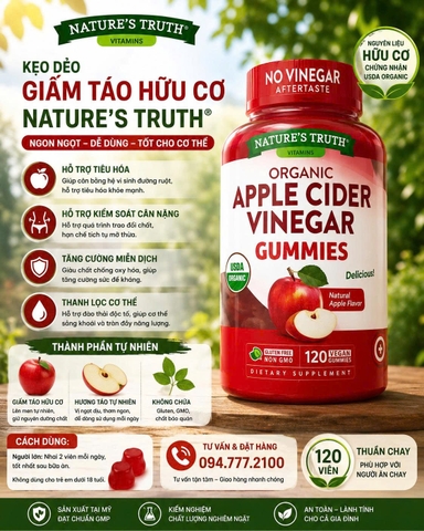 KẸO DẺO GIẤM TÁO HỮU CƠ NATURE'S TRUTH ORGANIC APPLE CIDER VINEGAR GUMMIES 120 VIÊN (ĐẦY ĐỦ BILL COSTCO MỸ)