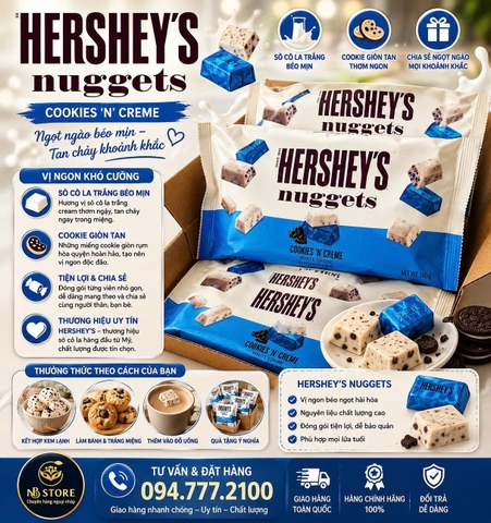 🍫 KẸO SOCOLA TRẮNG COOKIES & KEM HERSHEY'S NUGGETS COOKIES 'N' CREME GÓI 344G CỦA M