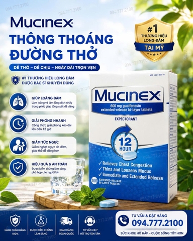 💙 VIÊN UỐNG LONG ĐỜM, GIẢM TẮC NGHẼN NGỰC MUCINEX EXTENDED-RELEASE 600MG HỘP 100 VIÊN CỦA MỸ