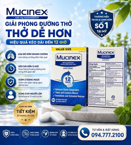 VIÊN UỐNG LONG ĐỜM, GIẢM TẮC NGHẼN NGỰC MUCINEX EXTENDED-RELEASE 600MG HỘP 80 VIÊN