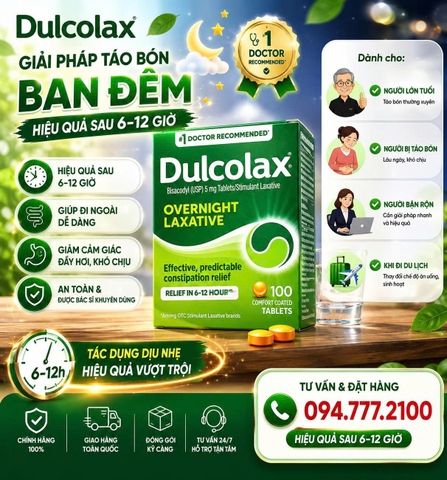 VIÊN UỐNG HỖ TRỢ TRỊ TÁO BÓN DULCOLAX OVERNIGHT LAXATIVE 5MG HỘP 100 VIÊN CỦA MỸ