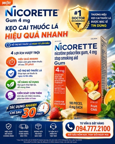 KẸO CAO SU HỖ TRỢ CAI THUỐC LÁ NICORETTE GUM FRUIT CHILL 4MG (VỊ TRÁI CÂY NHIỆT ĐỚI MÁT LẠNH) CỦA MỸ