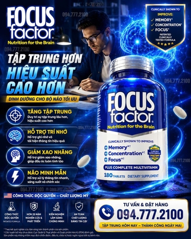 VIÊN UỐNG BỔ NÃO, TĂNG CƯỜNG TRÍ NHỚ FOCUS FACTOR NUTRITION FOR THE BRAIN HŨ 180 VIÊN CỦA MỸ
