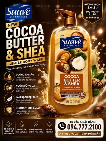 Sữa dưỡng thể Suave Cocoa Butter & Shea - Siêu mịn, siêu thơm 887ml HÀNG MỸ