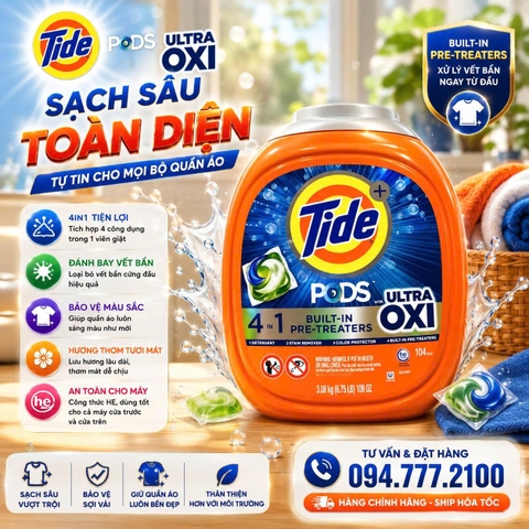 VIÊN GIẶT Tide Oxi 4 in 1 hộp 104v - Mỹ 100% mẫu mới Thùng 104 Viên