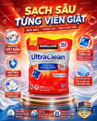 Mẫu mới dạng túi . Viên giặt Kirkland Ultra Clean 152 viên 3.04kg của Mỹ