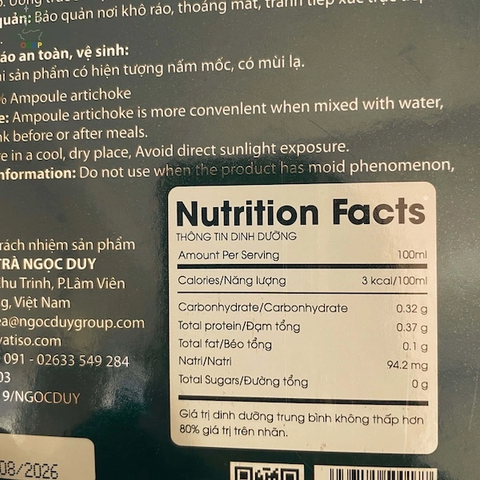 CAO NƯỚC ATISO NGỌC DUY KHÔNG ĐƯỜNG 100ML