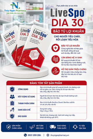 LiveSpo DIA 30 – Bào tử lợi khuẩn hỗ trợ người tiêu chảy, rối loạn tiêu hóa – Hộp 5 ống x 10ml