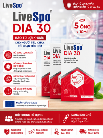 LiveSpo DIA 30 – Bào tử lợi khuẩn hỗ trợ giảm tiêu chảy, rối loạn tiêu hóa – Hộp 5 ống x 10ml