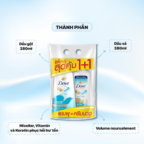 Combo Dầu Gội - Xả Dove Micellar 350ml - Màu xanh