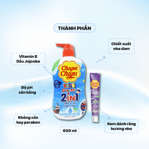 Sữa Tắm Gội Chupa chups Kids 600ml Hương Cherry + Kem đánh răng Chupa Chups