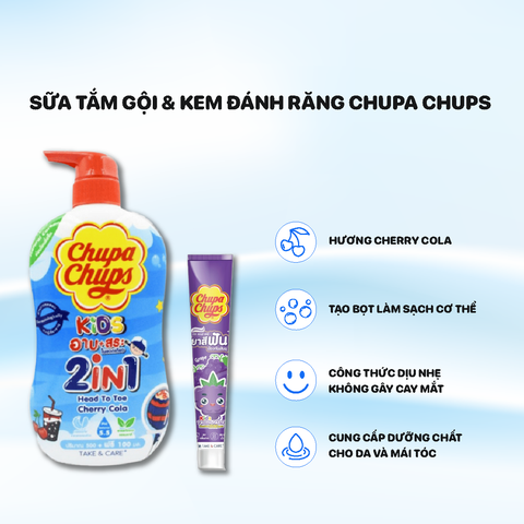 Sữa Tắm Gội Chupa chups Kids 600ml Hương Cherry + Kem đánh răng Chupa Chups