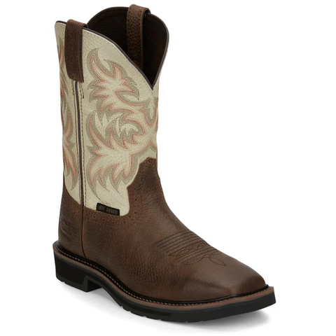 Giày bảo hộ nam, giày đi xe PKL, giày đi phượt da bò thật, chống nước, mũi bọc thép, đế cách điện và chống đinh chính hãng Justin Mens Stampede Sq Toe White Work Boot - Giày xuất dư Mỹ