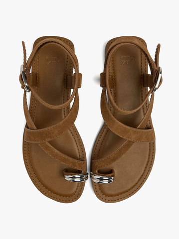 Sandals nữ đế bệt PARFOIS Leather crossed sandals with metallic detail Camel  - Giày da xuất dư sang Mỹ, Âu